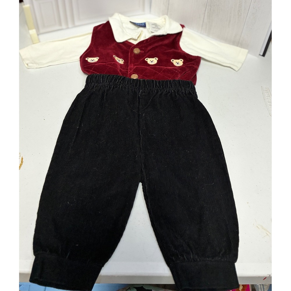 In Design 3pc Outfit Set Baby 0/3M Burgundy Black Velvet Corduroy Bears